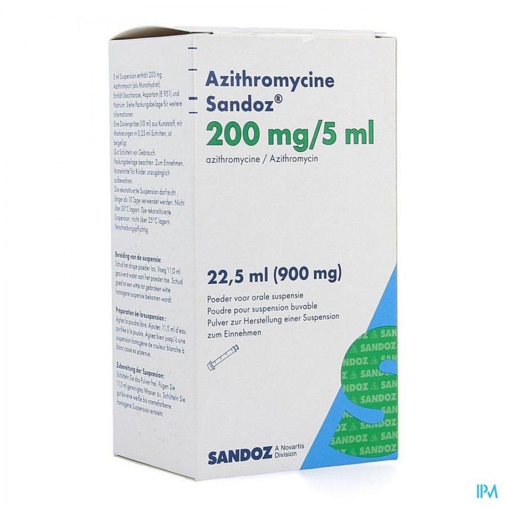 AZITHROMYCINE SANDOZ 200MG 5ML PULV SUSP OR 22 5ML Apotheek Thiels